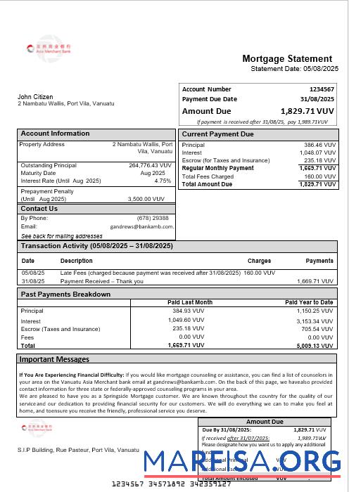 Printable Vanuatu Asia Merchant bank mortgage statement in Word and PDF formats download for verification
